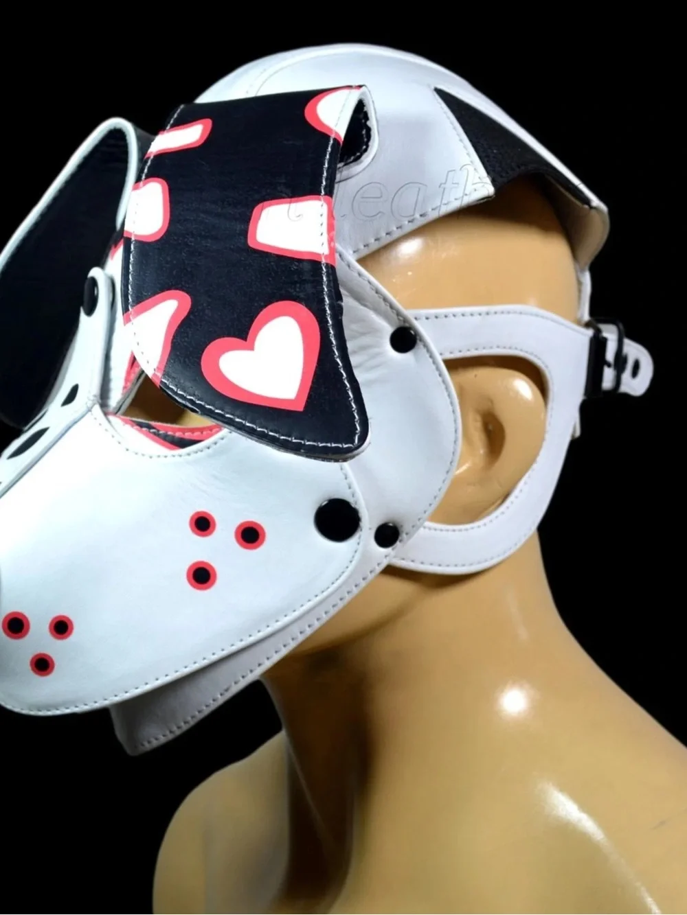 Puppy Leather Mask White with Black and Red Hearts